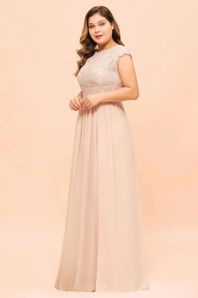 Plus Size Lace Pearl Pink Bridesmaid Dress Short Sleeves Side Split Wedding Party Dress by misshow.com