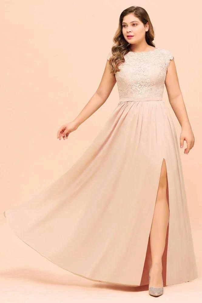 Plus Size Lace Pearl Pink Bridesmaid Dress Short Sleeves Side Split Wedding Party Dress by misshow.com