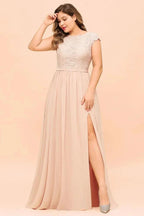 Plus Size Lace Pearl Pink Bridesmaid Dress Short Sleeves Side Split Wedding Party Dress by misshow.com