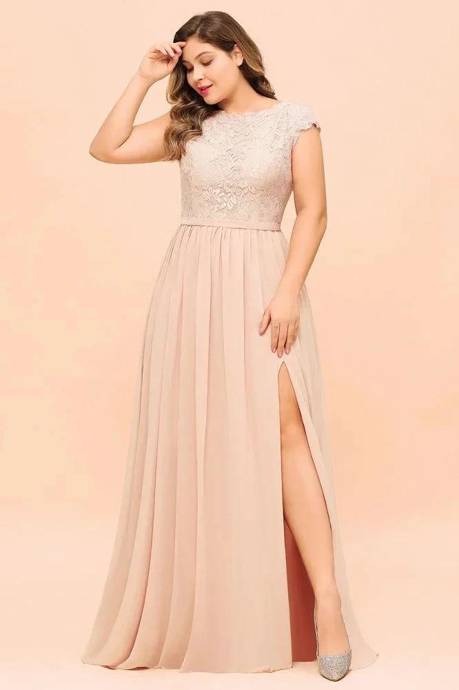 Plus Size Lace Pearl Pink Bridesmaid Dress Short Sleeves Side Split Wedding Party Dress by misshow.com