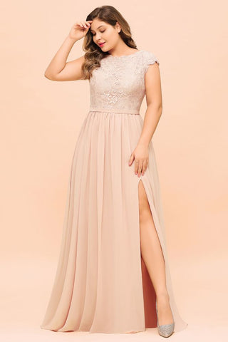 Vestido de dama de honor de talla grande con encaje rosa perla, mangas cortas y abertura lateral, vestido de fiesta de boda