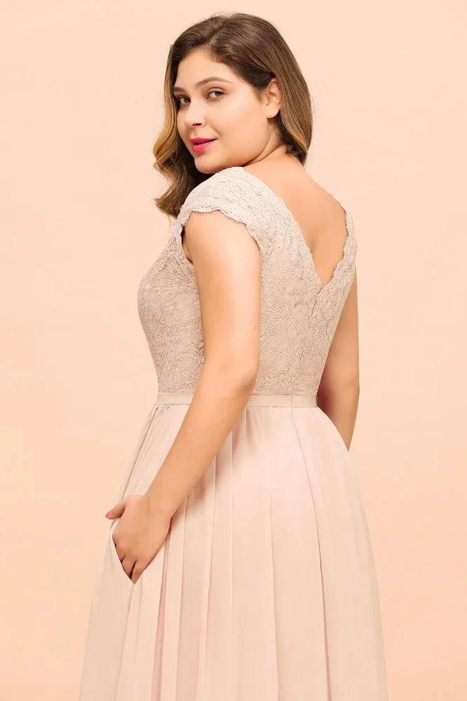 Plus Size Lace Pearl Pink Bridesmaid Dress Short Sleeves Side Split Wedding Party Dress by misshow.com