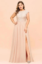 Plus Size Lace Pearl Pink Bridesmaid Dress Short Sleeves Side Split Wedding Party Dress by misshow.com