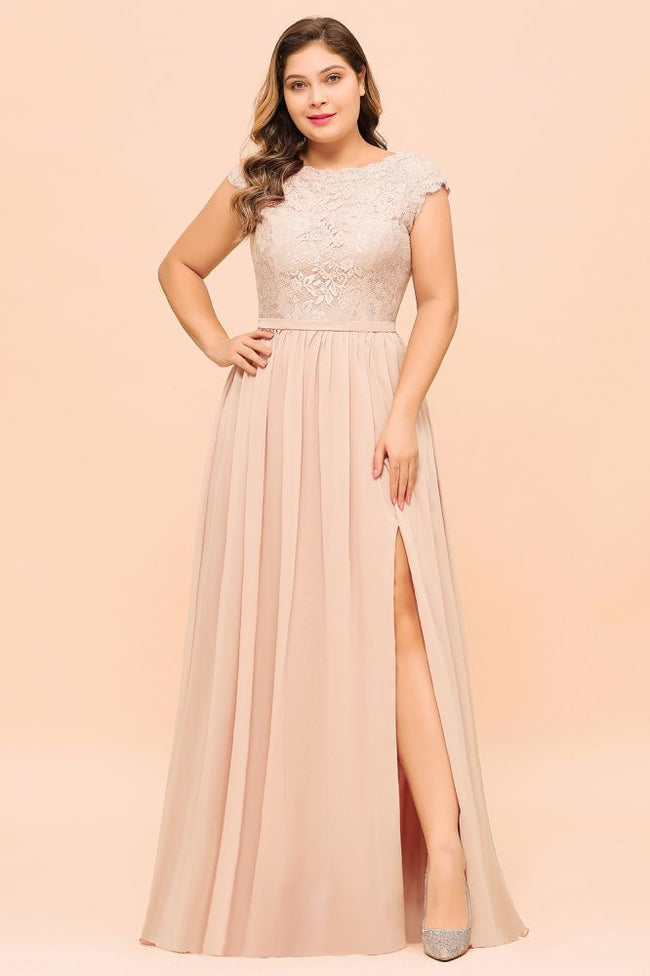 Plus Size Lace Pearl Pink Bridesmaid Dress Short Sleeves Side Split Wedding Party Dress Hover Image