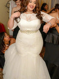 Plus Size Long Mermaid Tulle Lace Wedding Dresses with Sleeves by BIZTUNNEL