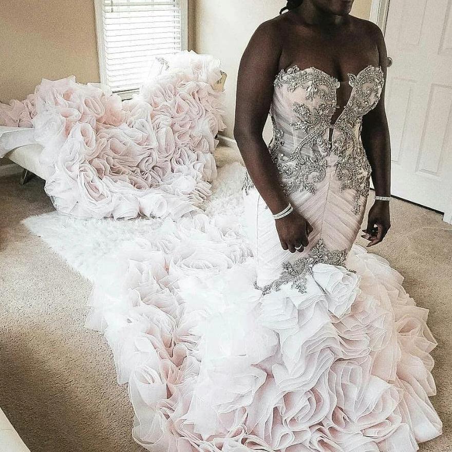 Plus Size Mermaid Crystal Lace Beads Sweetheart Long Train African Custom Made Ruffless Wedding Dress by misshow.com