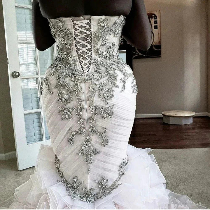 Plus Size Mermaid Crystal Lace Beads Sweetheart Long Train African Custom Made Ruffless Wedding Dress by misshow.com