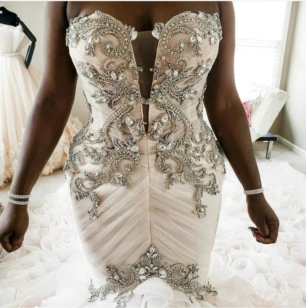 Plus Size Mermaid Crystal Lace Beads Sweetheart Long Train African Custom Made Ruffless Wedding Dress by misshow.com