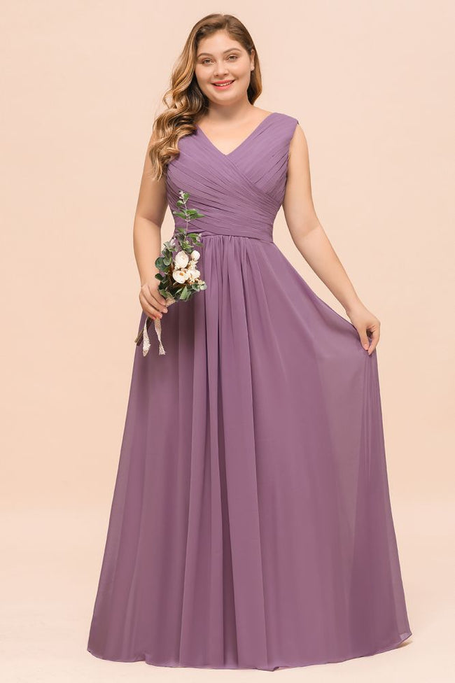 Plus Size Purple Bridesmaid Dress Maxi Chiffon Wedding Guest Dress Hover Image