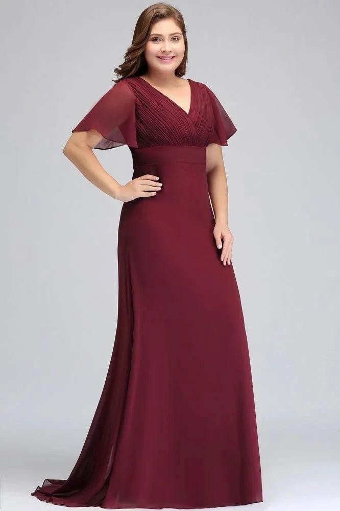 Plus size V-neck Mermaid Floor Length Short Sleeves Burgundy Evening Dresses with Sash by misshow.com