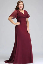 Plus size V-neck Mermaid Floor Length Short Sleeves Burgundy Evening Dresses with Sash by misshow.com
