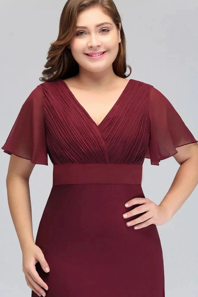 Plus size V-neck Mermaid Floor Length Short Sleeves Burgundy Evening Dresses with Sash by misshow.com