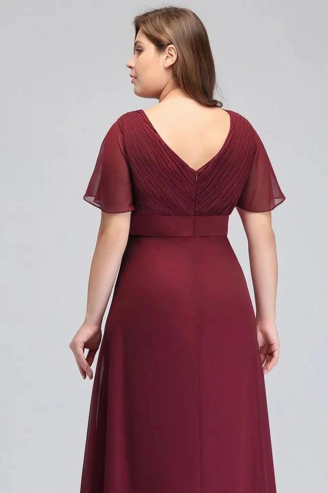 Plus size V-neck Mermaid Floor Length Short Sleeves Burgundy Evening Dresses with Sash by misshow.com