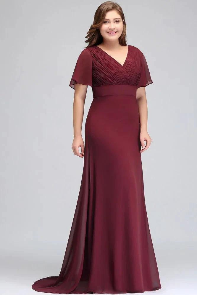 Plus size V-neck Mermaid Floor Length Short Sleeves Burgundy Evening Dresses with Sash by misshow.com