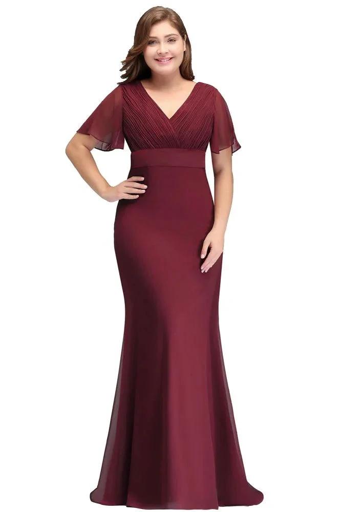 Plus size V-neck Mermaid Floor Length Short Sleeves Burgundy Evening Dresses with Sash by misshow.com