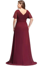 Plus size V-neck Mermaid Floor Length Short Sleeves Burgundy Evening Dresses with Sash by misshow.com