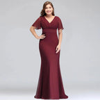 Plus size V-neck Mermaid Floor Length Short Sleeves Burgundy Evening Dresses with Sash by misshow.com