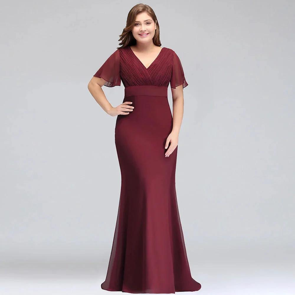 Plus size V-neck Mermaid Floor Length Short Sleeves Burgundy Evening Dresses with Sash by misshow.com