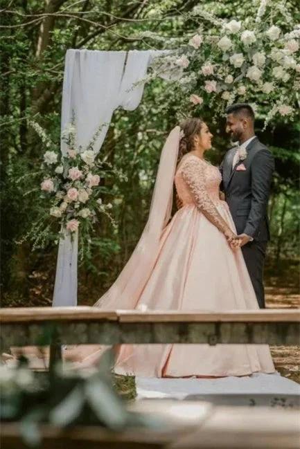 Plus Size Wedding Dress Floral Tulle A-line Bridal Gown with Long Sleeves by misshow.com