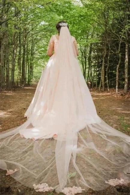 Plus Size Wedding Dress Floral Tulle A-line Bridal Gown with Long Sleeves by misshow.com