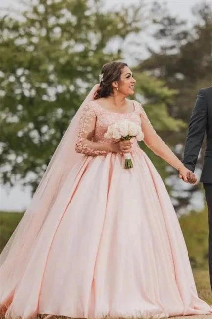 Plus Size Wedding Dress Floral Tulle A-line Bridal Gown with Long Sleeves by misshow.com