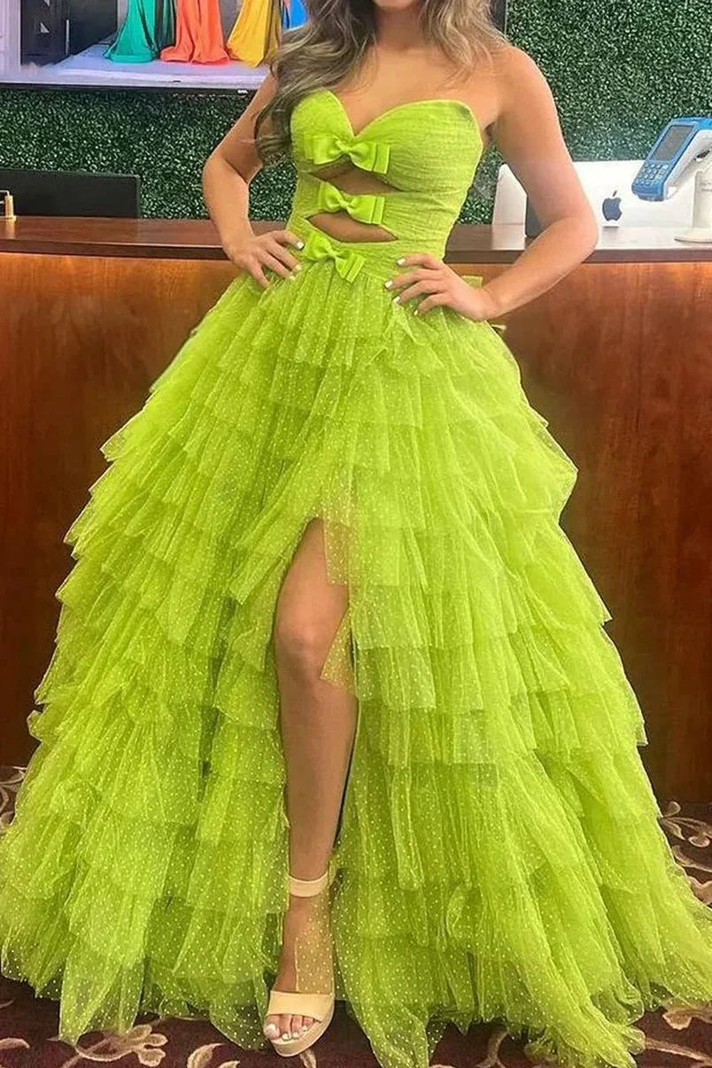 Polka Dot Strapless Ruffle Tiered Prom Gown with Keyholes by KissProm