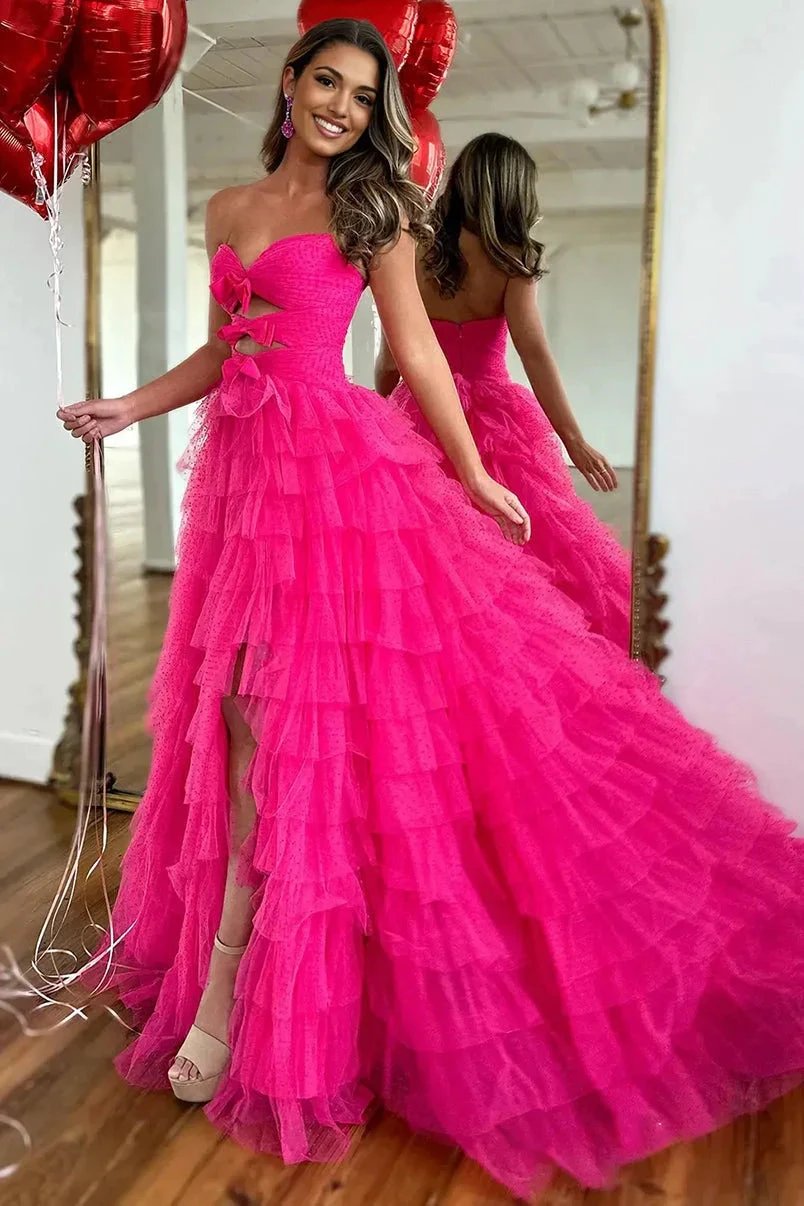 Polka Dot Strapless Ruffle Tiered Prom Gown with Keyholes by KissProm