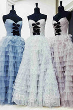 Polka Dot Strapless Ruffle Tiered Prom Gown with Keyholes by KissProm