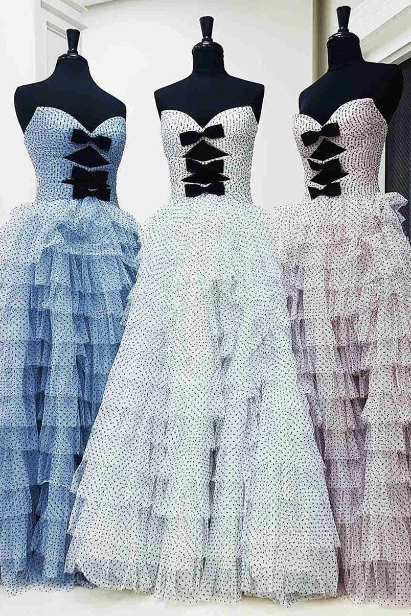 Polka Dot Strapless Ruffle Tiered Prom Gown with Keyholes by KissProm