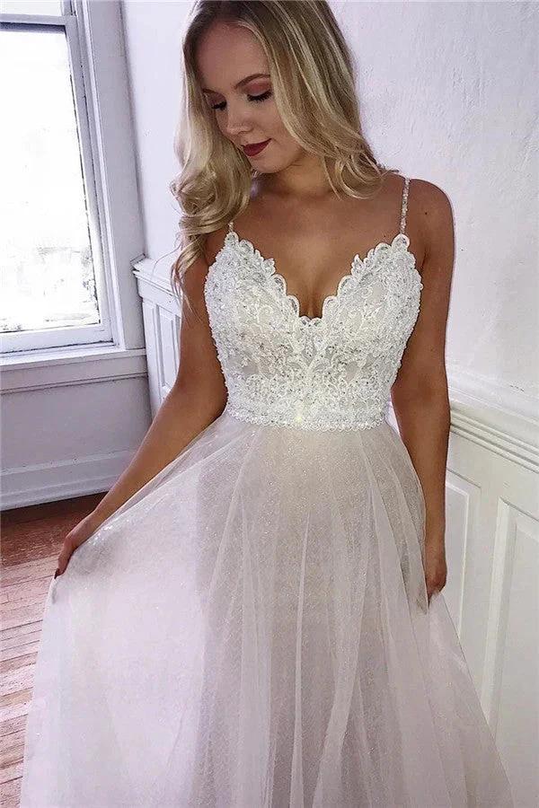 Precious Long A-line Spaghetti Straps Appliques Lace Backless Prom Dress by BIZTUNNEL