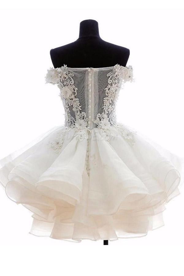 Vestidos Curtos Cor-de-Rosa de Organza com Ombros Descobertos para Festa de Regresso a Casa PD216