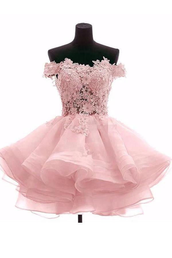 Pretty Off Shoulder Pink Organza Short Homecoming Dresses PD216 by pgmdress