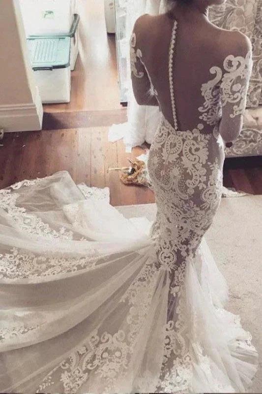 Pretty Pretty Mermaid Lace Appliques Long Sleeves Sheer Tulle Elegant Wedding Dresses by misshow.com
