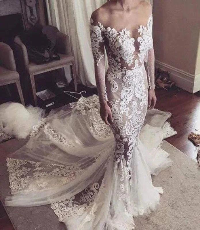 Pretty Pretty Mermaid Lace Appliques Long Sleeves Sheer Tulle Elegant Wedding Dresses by misshow.com