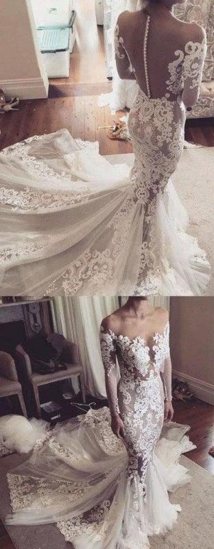 Pretty Pretty Mermaid Lace Appliques Long Sleeves Sheer Tulle Elegant Wedding Dresses by misshow.com
