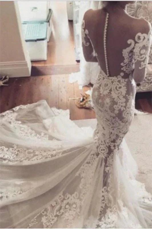 Pretty Pretty Mermaid Lace Appliques Long Sleeves Sheer Tulle Elegant Wedding Dresses by misshow.com