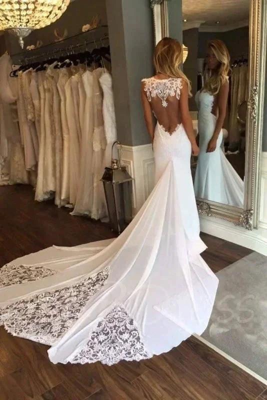 Pretty Sheath Sleeveless Long Beach with Lace Elegant Wedding Dresses by misshow.com