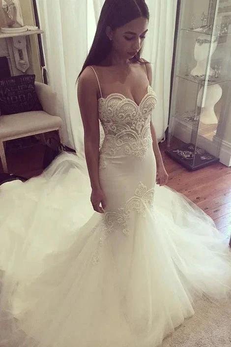 Pretty Spaghetti-Straps Sweetheart Wedding Dress Summer Sheath Tulle Bridal Gown by misshow.com