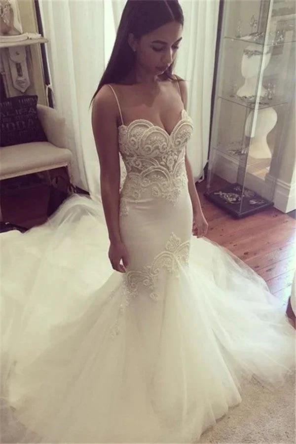 Pretty Spaghetti-Straps Sweetheart Wedding Dress Summer Sheath Tulle Bridal Gown by misshow.com
