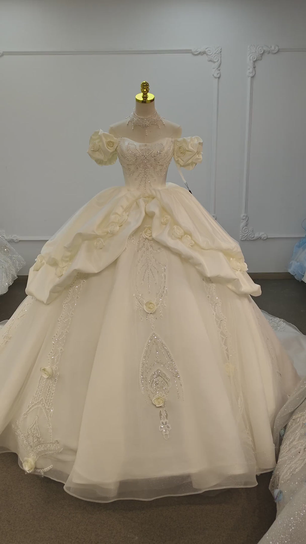 Ivory Rose Off-Shoulder Ballgown Beaded Bust & 3D Flower Skirt