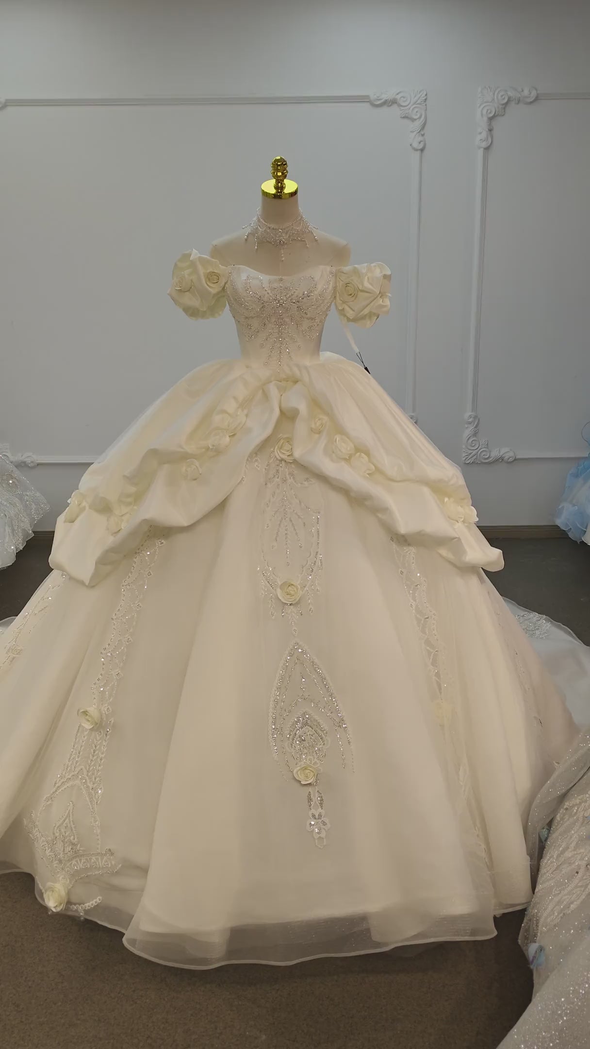 Ivory Rose Off-Shoulder Ballgown Beaded Bust & 3D Flower Skirt