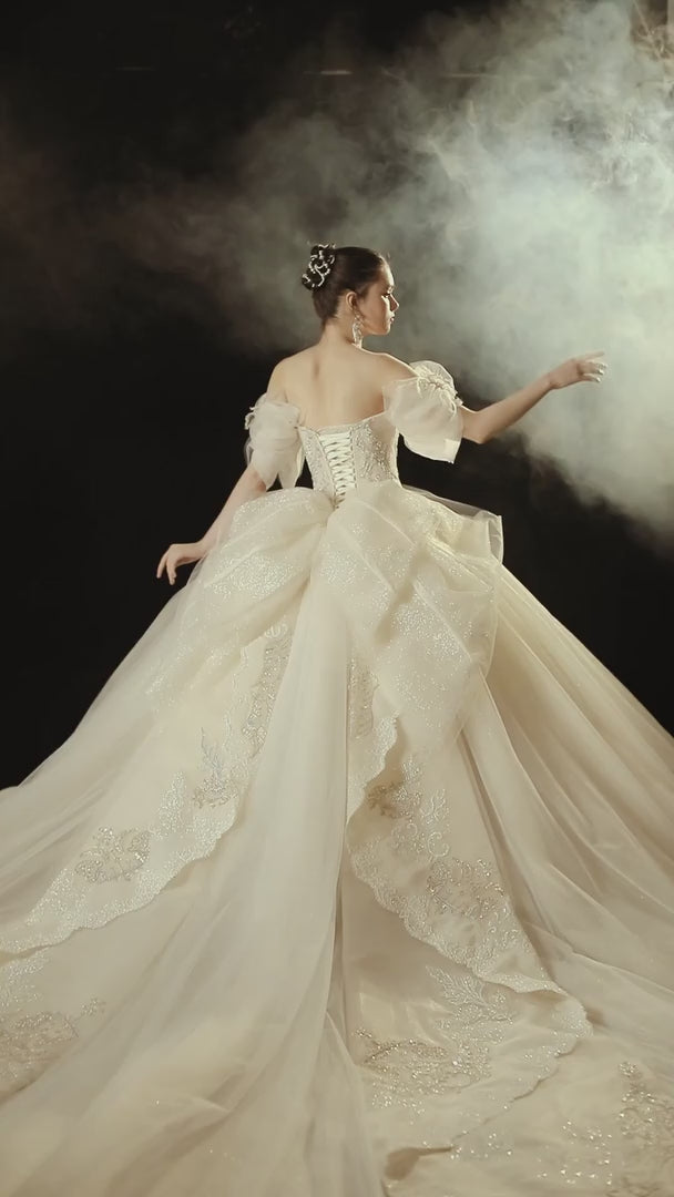 Elegantes schulterfreies Ballkleid mit herzförmigem Ausschnitt, Tüll-Puffärmeln, Perlenstickerei und Schleppe mit Muschelsaum E-306