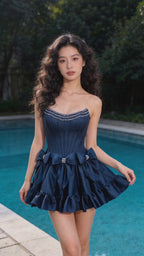 Vestido Mini Corsário Azul Marinho Sem Alças com Laços de Cristal e Acabamento em Miçangas