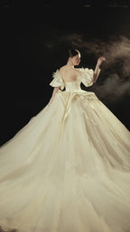 Abito da Sposa Sontuoso a Cuore in Raso con Maniche a Sbuffo, Rifiniture in Piume e Perline, con Strascico Fluttuante E-302