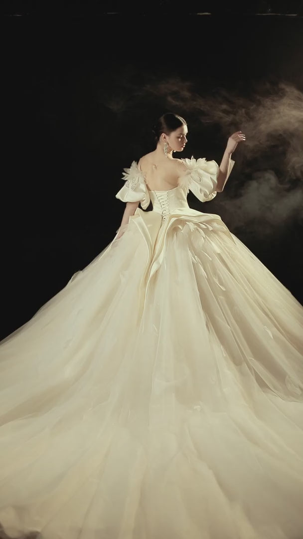 Abito da Sposa Sontuoso a Cuore in Raso con Maniche a Sbuffo, Rifiniture in Piume e Perline, con Strascico Fluttuante E-302