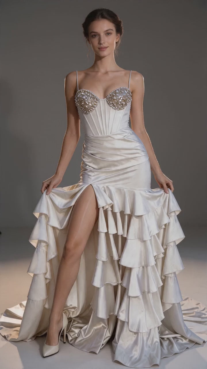 Robe de soirée formelle satinée à épaules dénudées, sirène, superposée, bustier corseté
