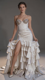 Robe de soirée formelle satinée à épaules dénudées, sirène, superposée, bustier corseté