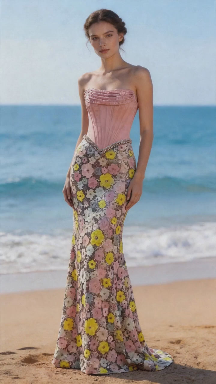 Abito da sera elegante senza spalline sirena floreale corsetto rosa