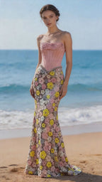 Abito da sera elegante senza spalline sirena floreale corsetto rosa