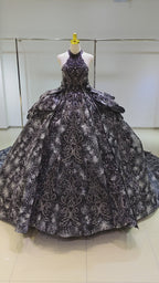 Dramatic Black Halter-Neck Ball Gown Wedding Dress with Firework Sequin Embroidery & Beaded Tassels Ye-2035